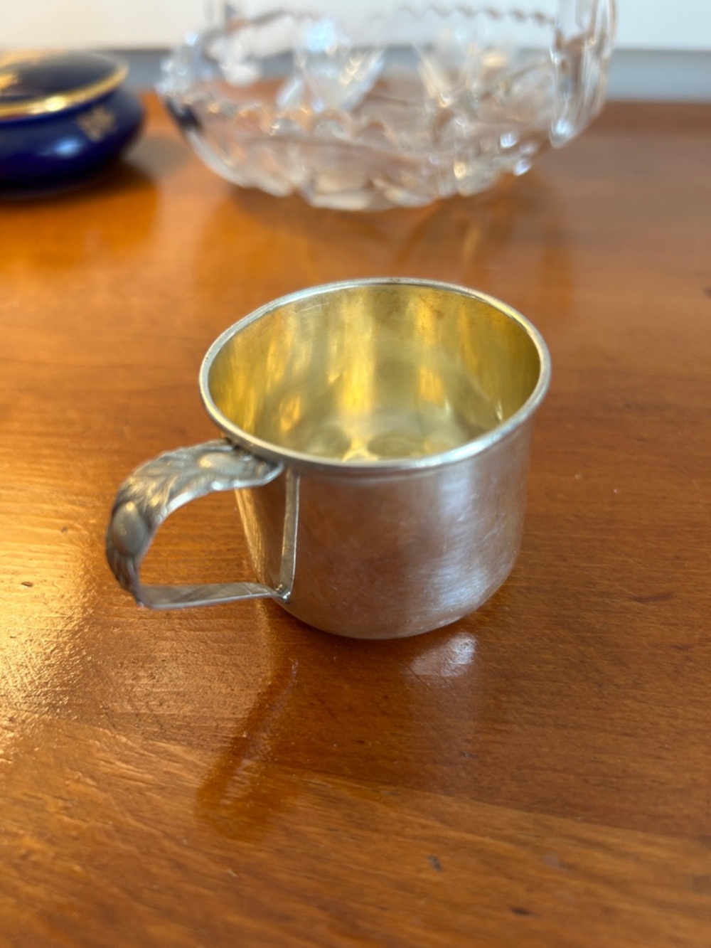 Vintage sterling silver baby cup Floral handle Gold washed interior pattern 551
